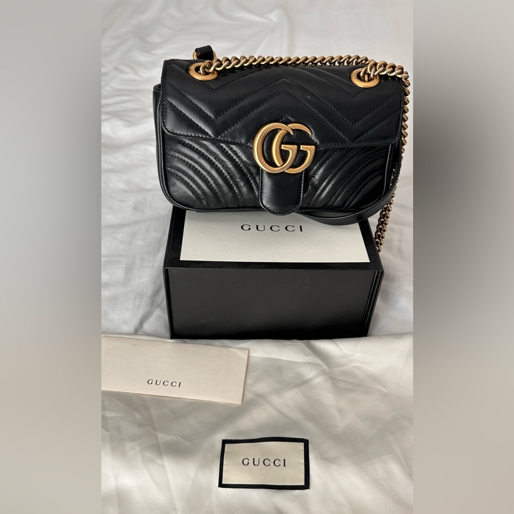 Gucci Black Matelassé Leather GG Marmont Shoulder Bag with Gold Hardware